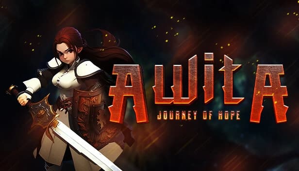 Young armored woman with long brown hair, holding a sword and shield, stands defiantly in shadowy light.