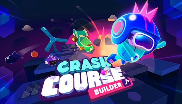 A colorful alien with a crown and goggles zooms through a neon space scene with flying vehicles.