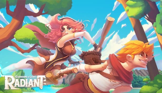 Young woman with pink hair and smiling young man with blond hair wield weapons, run in a vibrant forest.