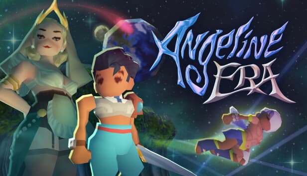 Angeline Era: Girl with sword stands by serene lady, starry space backdrop with Earth visible, another figure floats nearby.
