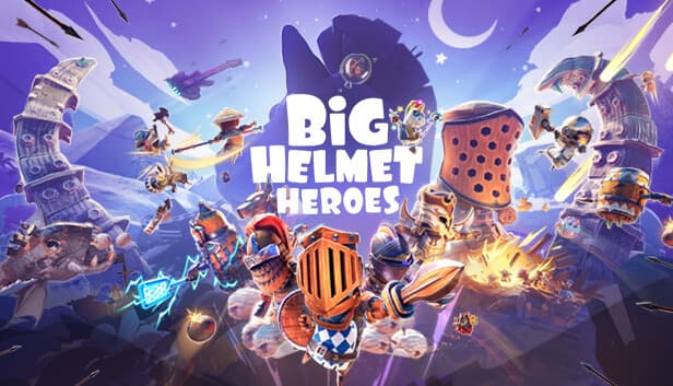 Big Helmet Heroes: Knights in colorful armor battle in a fantasy landscape with floating structures under a crescent moon.