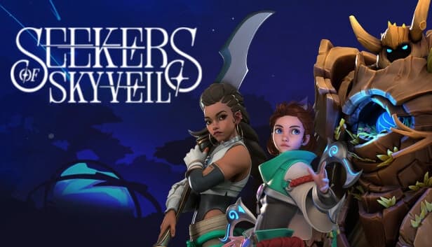 Two female warriors, one with a double-ended glaive, and a large wood golem stand ready together.