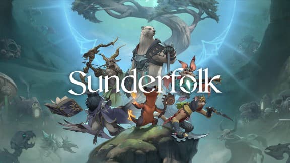 Anthropomorphic bear with a sword stands with diverse, armed fantasy creatures on a mystical hilltop.