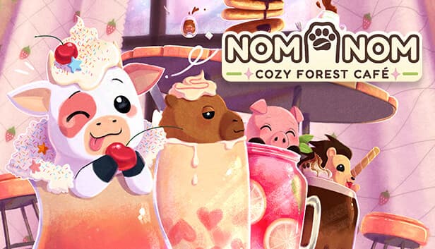 Cute animals like a cow, pig, and bear enjoy various desserts in a cozy café with soft lighting.