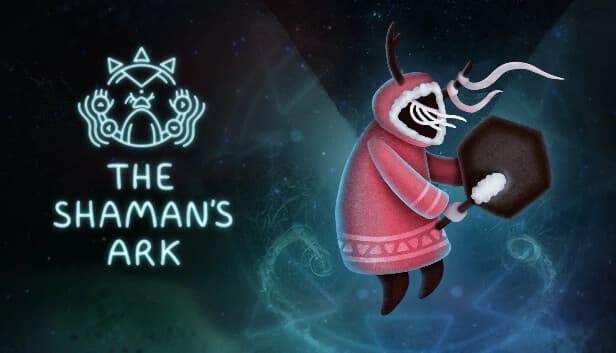 A robed figure with antlers plays a drum in a mystical, starry environment with swirling patterns.