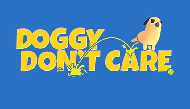 A small cartoon dog urinates on bright yellow text with a tennis ball nearby on a solid blue background.