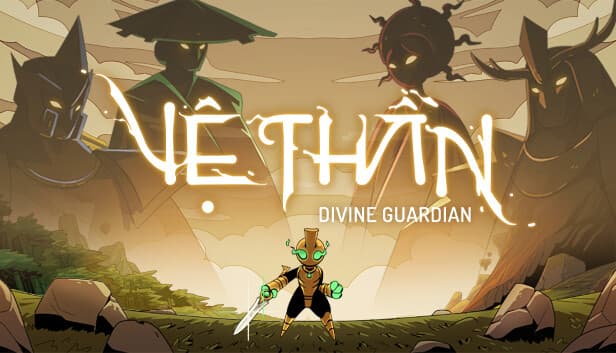 A warrior with glowing swords stands boldly in a mystical jungle, flanked by four giant statues.