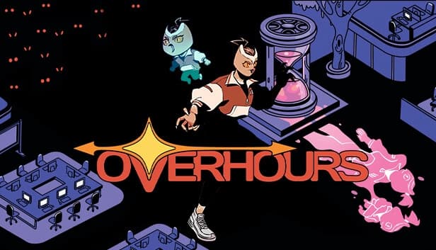 Anthropomorphic owl characters float near office spaces and a large sand timer; red eyes loom in shadows.