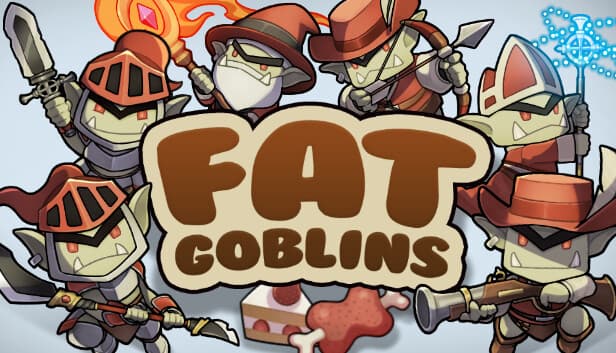 Goblins in varied hats and armor wield swords, axes, and spells; a central dessert adds humor.