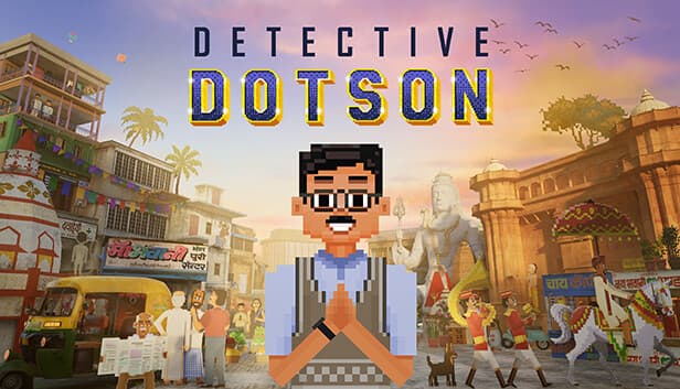Pixelated man with glasses and a mustache stands praying in a bustling indian market street scene.