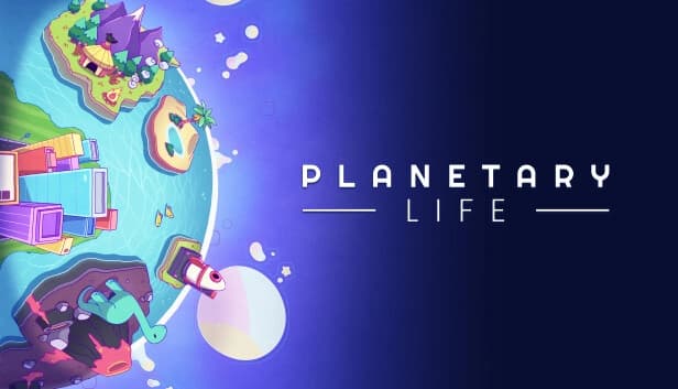 Colorful planet with lush landscape, buildings, and a rocket near a sea under a vast purple sky.