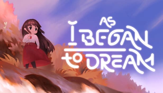A young girl with long brown hair and red skirt stands on a hill, surrounded by autumn leaves and a blue sky.