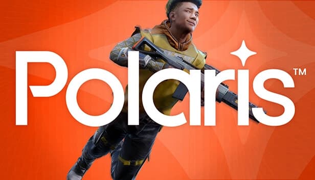 Young man in futuristic armor, holding a large rifle, flies determinedly against an orange backdrop.