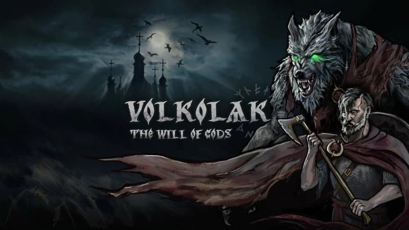 A fierce werewolf with glowing green eyes stands behind an armored man holding an axe in a dark, eerie landscape.