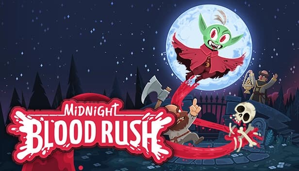 Green vampire goblin with red cape leaps under full moon, sucking skeleton; man with axe below, priest behind.