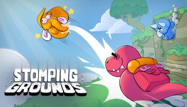 A pink dinosaur with a backpack charges, sending a yellow mammoth over a lush cliff, as a blue dinosaur follows.