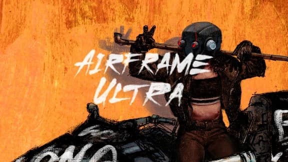 Young woman in robot helmet leans on cyberpunk motorcycle, holding lead pipe behind her head, gang member.