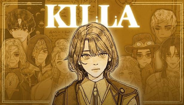 Young woman with short hair in the center, surrounded by various distinct characters in sepia tones.