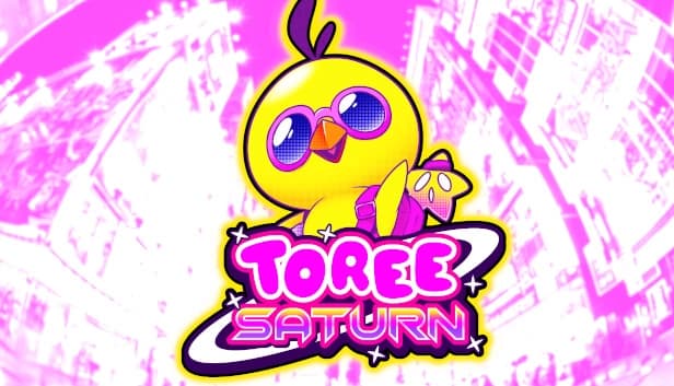 Yellow cartoon bird with large eyes and orange beak sits cheerfully against a vibrant pink and white cityscape.