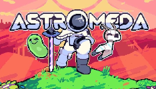 An astronaut stands on a grassy hill with floating green slime creature and a robot under a sunset sky.