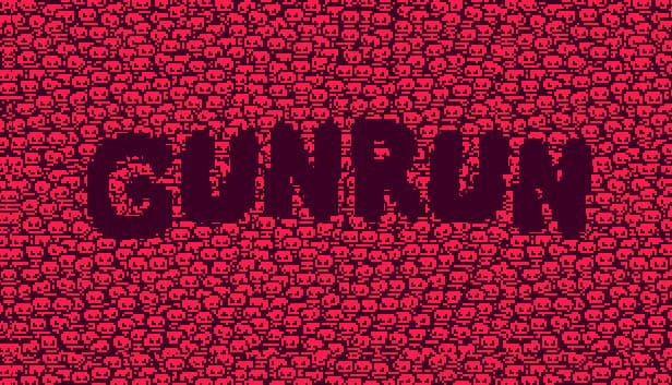 Red background with small pixelated skull patterns and bold dark purple letters spelling "GUNRUN.".