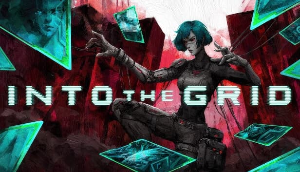 A woman with short teal hair in a futuristic suit extends her hand, surrounded by glowing screens.