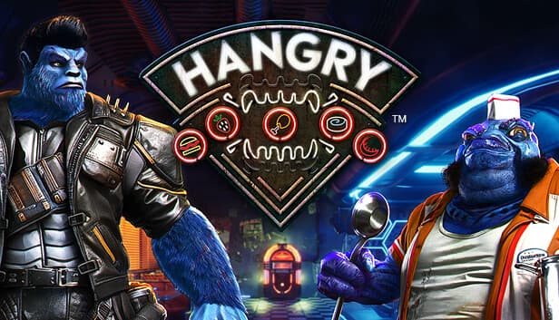 Two blue-skinned, beastly characters stand confidently under neon lights in a futuristic diner setting.