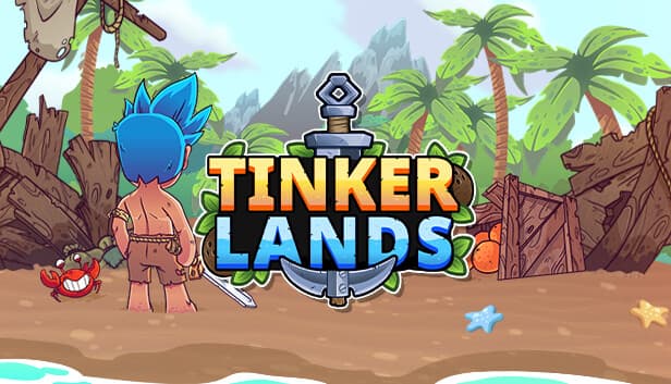Young boy with blue hair holding a sword on a beach with a crab, and tropical palm trees nearby.
