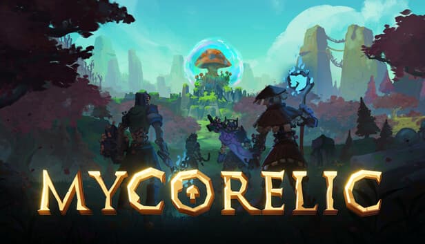 Adventurers stand in a mystical forest with glowing fungi; a massive mushroom looms in the distance.