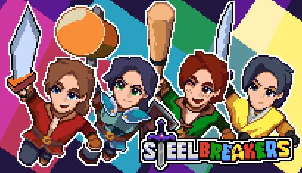 Four pixelated characters with swords and axes, wearing colorful outfits, against a rainbow background.