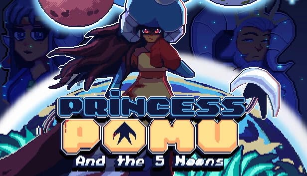 A young woman with long brown hair and a large hat stands in front of planets, flanked by two figures.