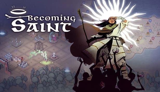 A woman in white armor stands triumphantly holding a staff on shadowy figures' shoulders, glowing brightly.