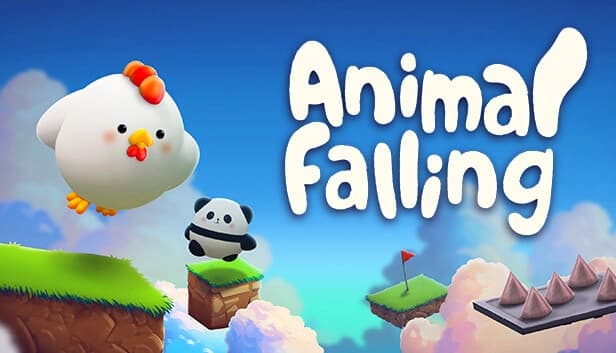 Round chicken and panda creatures jump on grassy platforms in a vibrant sky, dodging spiky traps.