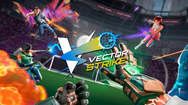 First-person view of an arm hurling a glowing ball toward a flying man in a futuristic sports arena.