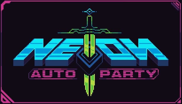 Decorative neon-style logo with a vertical sword design. The colors are bright blue, green, and pink.