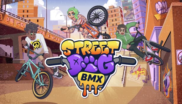 Three youths perform tricks on BMX bikes in an urban skate park with graffiti-covered walls.