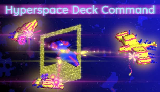 Three pixelated, neon-colored spaceships fly through a glowing portal in a vibrant cosmic setting.