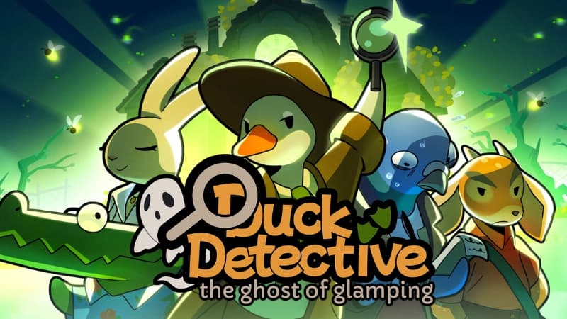 A duck in detective attire with a magnifying glass, alongside a rabbit, crocodile, deer, and a blue pigeon.