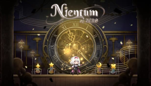 Young girl with white hair stands in front of a large clock, surrounded by colorful star-shaped figures.