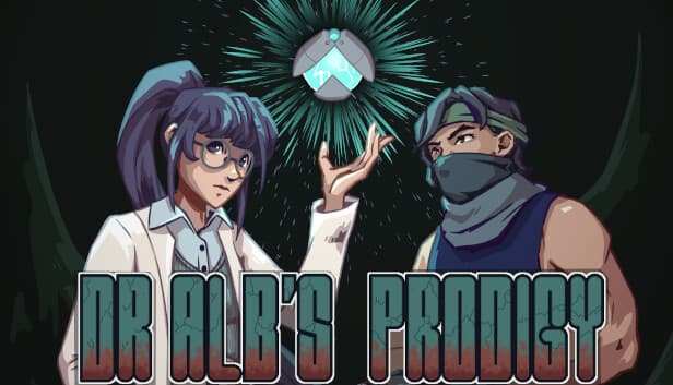 A woman in a lab coat with glasses stands beside a masked man. Both focus on a glowing artifact.