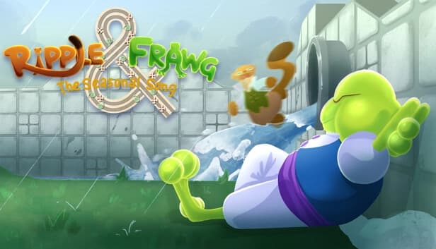 Green frog lounges against a wet stone wall, while a brown otter leaps from a gushing sewer pipe.