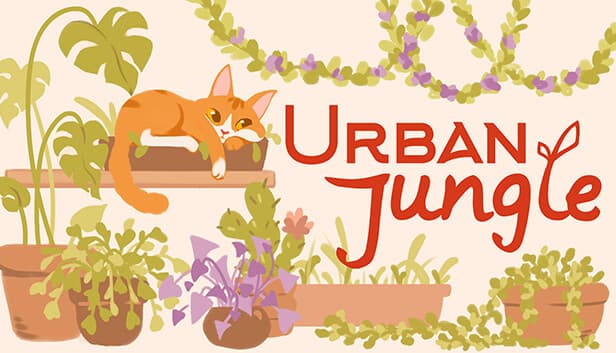 Urban Jungle: Orange cat rests among lush potted plants and hanging vines, creating a cozy, vibrant indoor garden atmosphere.