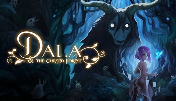 Young woman with purple hair in dark forest, glowing blue fairy nearby, large antlered monster behind.