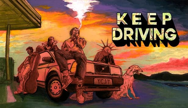 Four adults relax by a car at a gas station during sunset; one smokes, another holds a guitar, punk hairstyle, dog nearby.