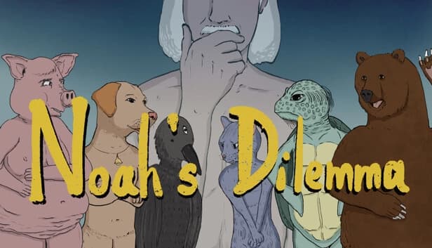 Anthropomorphic pig, dog, bird, lizard, and bear stand in front of a pondering man with white hair and mustache.