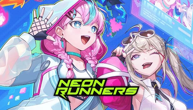 Two young anime girls pose energetically with vibrant neon accents. One sticks out her tongue and does a peace sign.