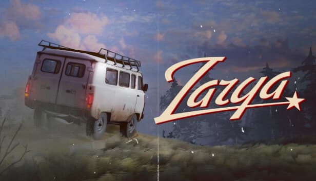 A white van drives through a grassy landscape at dusk, with a dark forest and cloudy sky in the distance.