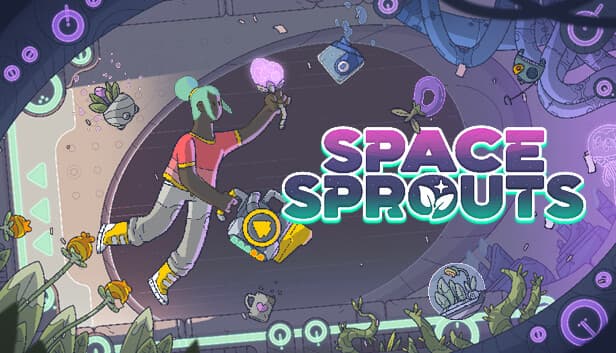 Space Sprouts: A girl in a colorful space environment tends to plants with futuristic tools amidst floating objects.