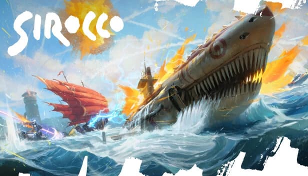 A shark-shaped submarine with sharp teeth and flames sails through stormy seas amidst sailing ships.