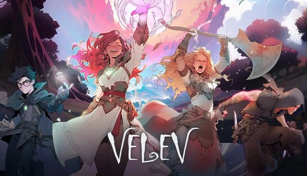 Four adventurers wield glowing weapons under a vibrant sky with swirling clouds, ready for battle.